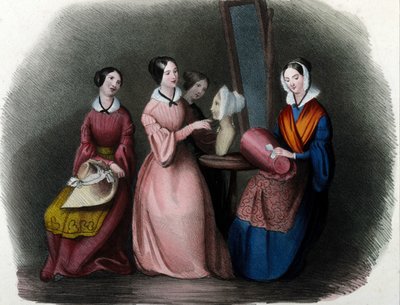 Milanese metier: jonge vrouwen maakten hoeden. Gravure uit Locarno, 1830. door Italian School
