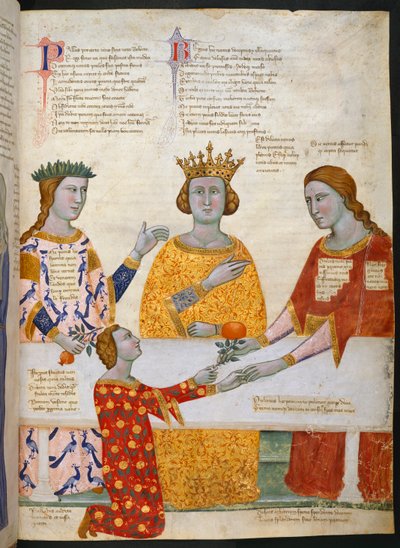 Miniatuur van het oordeel van Parijs, met Pallas Athena, Juno en Venus zittend aan een tafel, en Parijs die een olijftak aan Venus geeft, illustratie uit 