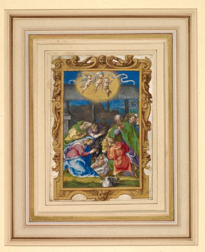 Miniatuur van de Geboorte met de Heilige Familie en herders in een stal, met drie putti die een inscriptie dragen boven en de aankondiging aan de herders op de achtergrond (perkament) door Italian School