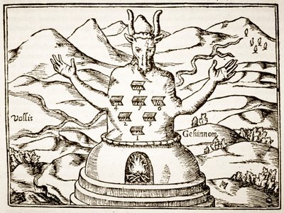 Moloch, kopie van een illustratie uit Oedipus Aegyptiacus door Athanasius Kirchner, Rome 1652, gebruikt in Geschiedenis van de Magie, gepubliceerd eind 19e eeuw door Italian School