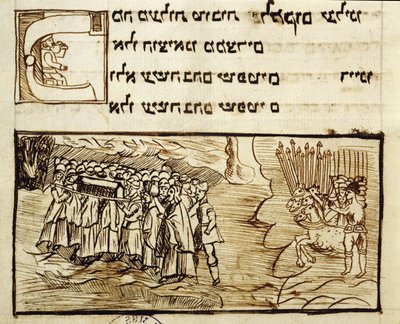 Ms.C.A.2795 Het Joodse volk steekt de Rode Zee over met de Heilige Ark gevolgd door de Egyptenaren, uit het Verhaal van het Joodse Volk door Italian School