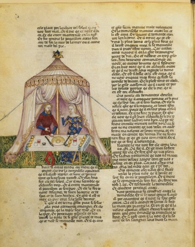 Sir Percival wordt verleid door een jonkvrouw die hem een feestmaal geeft voordat ze hem verleidt, uit de Queste del Saint Graal, c.1380-85 door Italian School