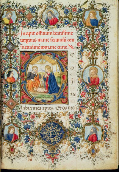 Ms 154 f.14r Aanbidding van het Christuskind, uit een Getijdenboek, Italiaans door Italian School