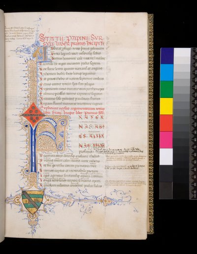 Ms 329. Statius, Thebaid, f.19r. Verlichte initiaal [F] in blauw met gereserveerde decoratie voor het incipit, en kleine initiaal [A] in goud voor het argumentum, en ingewikkelde contrasterende pen-bloemversiering van goud en blauw, die zich uitstrekt om e door Italian School
