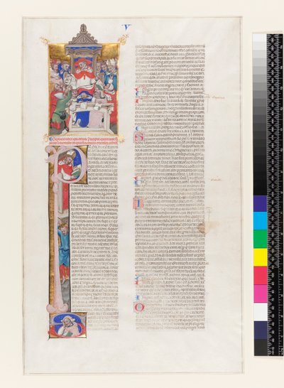 Ms 331 fol.1r Pagina met tekst met een gehistorieerde initiaal P en een miniatuur die een kardinaal op een troon afbeeldt, uit Boek V van de Decretalen van Gregorius IX, uit Bologna, ca. 1350 door Italian School