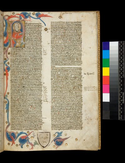 Ms 370. Orosius, Historiarum Adversum Paganos Libri Septem, f.2r. Verlichte bewoonde initiaal [P], met portret van de auteur gekleed als bisschop, en gedeeltelijke rand met bladmotieven, Bologna of Padua door Italian School