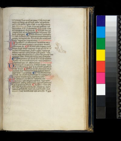 Ms 373. Pseudo-Cicero, Rhetorica ad Herennium, en andere werken, f.50r. Pen-gefloreerde initialen en een penwerkdecoratie in de marge die een knielende blootsvoetse monnik voorstelt, ca. 1337 door Italian School
