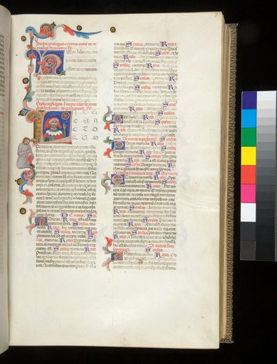 Ms 390. Seneca de Jongere, Opera, en Seneca de Oudere, Excerpta controversiarum, f.95r. Bewoonde initiaal [L], met portret van Seneca wijzend naar het Rad van Fortuin en naar een neergeslagen mannelijke figuur in de rand door Italian School