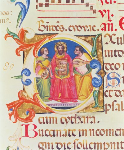 Ms. 559 f.155v Geïllustreerde initiaal O met koning David en twee engelen, uit het Psalter van Santa Maria Novella, verlucht door Paolo Soldini (fl.1342-86) 1379 door Italian School