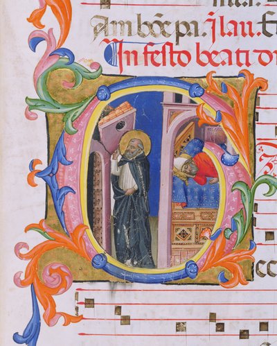 Ms 559 f.298v Geïllustreerde initiaal G die St. Dominic afbeeldt die de Kerk ondersteunt en de Droom van Paus Honorius III (1216-27) uit Psalter H uit San Marco e Cenacoli door Italian School