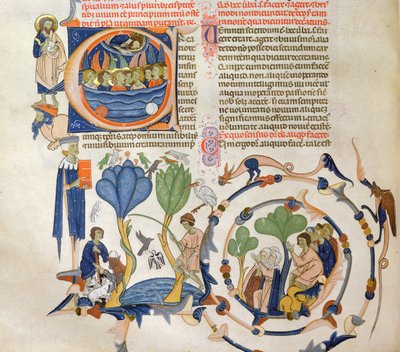 Ms 766 Christus spreekt tot engelen en scènes uit het middeleeuwse dagelijks leven (boeren, vissen en bidden, miniaturen uit de Liber Quatuor Sententiarum (Boek der Sententies) door Petrus Lombardus door Italian School