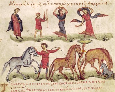 Ms Grec 479 Paardentrainers, illustratie uit de Halieutica of de Cynegetica door Oppian door Italian School