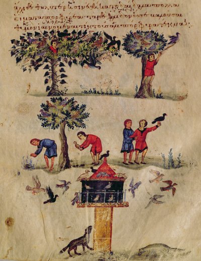 Vogels jagen, illustratie waarschijnlijk uit de Ixeutika door Oppian door Italian School