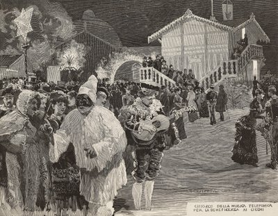 Muziekkiosk om geld in te zamelen voor blinden, Pulcinella-masker, Carnaval in Napels, Italië, gravure naar tekening van Matania, gravure door Gamberoni uit L