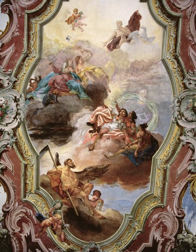 Mythologische scène met Jupiter, Juno, de Muzen en Vader Tijd door Italian School