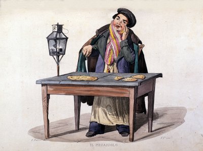 Napels, pizzaverkoper. Gravure naar een schilderij van F. Palizza. Uit een werk van Francesco de Bourcard 
