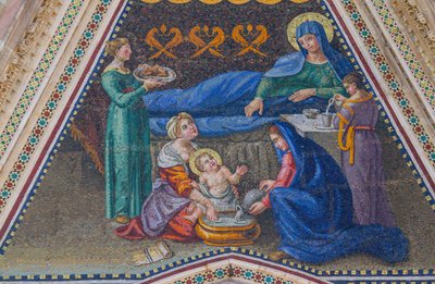 Geboorte van Maria, mozaïek, gevel van zij-ingang, gevel van de kathedraal van Orvieto, Umbrië, Italië door Italian School