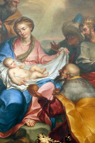 Kerststal. Aanbidding van de wijzen. Fresco. Santa Maria delle Vigne basiliek. Genua. Italië. door Italian School