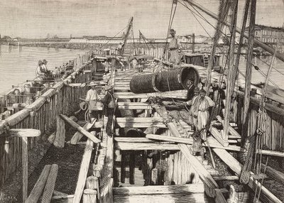 Nieuw aquaduct in Venetië, aanleg van het kanaal in de lagune, Italië, gravure naar tekening van Riera, uit L