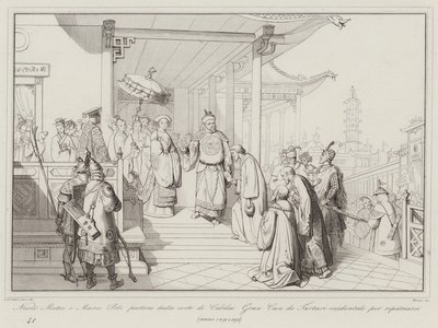 Nicolo Matteo en Marco Polo vertrekken van het hof van Kubilai Khan om terug te keren naar hun vaderland door Italian School