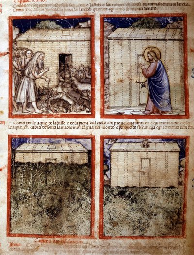 De Ark van Noach, Miniatuur genomen uit codex 212 (of padovano codice of Bijbel van Padua) 1390-1400 Rovigo, Accademia dei Concordi door Italian School