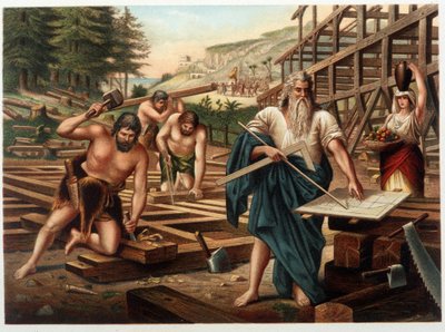 Noach en zijn familie bouwen de ark (Noach kijkt naar het bouwplan) in "Aurea Bibbia classica: storia della rivelazione divina nell