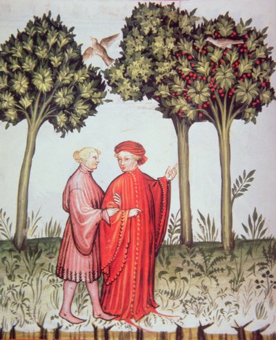 Twee vrienden samen op pad, uit Tacuinum Sanitatis Codex Vindobonensis door Italian School