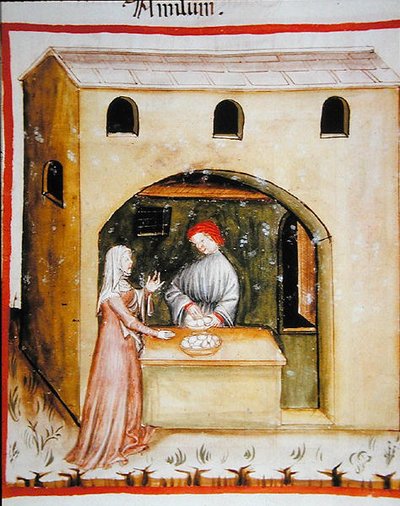 Nova 2644 fol.43r Verkoop van tarwezetmeel, uit Tacuinum Sanitatis Codex Vindobonensis (perkament) door Italian School