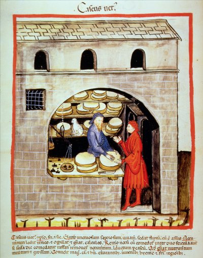 Nova 2644 fol.60v Verkoop van gerijpte kaas, uit Tacuinum Sanitatis door Italian School