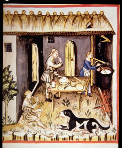 Nova 2644 fol.62r Bereiding van witte kaas, uit Tacuinum Sanitatis door Italian School