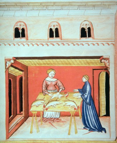 De slagers: Testikels verwijderen, uit Tacuinum Sanitatis door Italian School