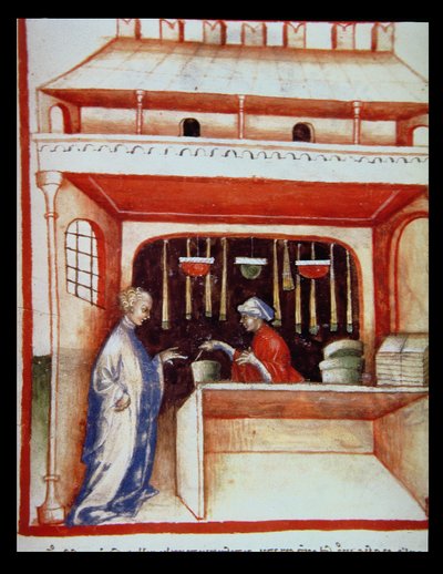 Nova 2644 fol.93v Verkoop van muskus, uit Tacuinum Sanitatis door Italian School