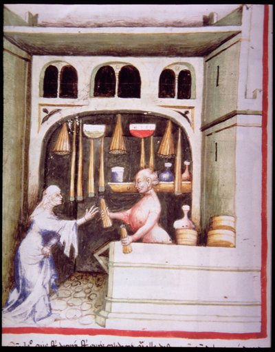 Nova 2644 fol.95v De Kaarsenwinkel, uit Tacuinum Sanitatis door Italian School