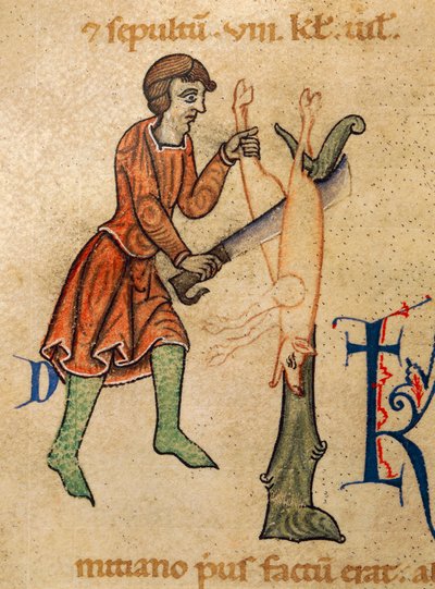 November, slager slacht varken, miniatuur uit Martyrologium van Adonis door Italian School
