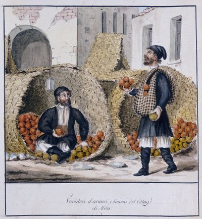 Sinaasappel- en citroenverkopers van Milis in Sardinië, gedrukt ms.258, Luzzetti Collectie door Italian School