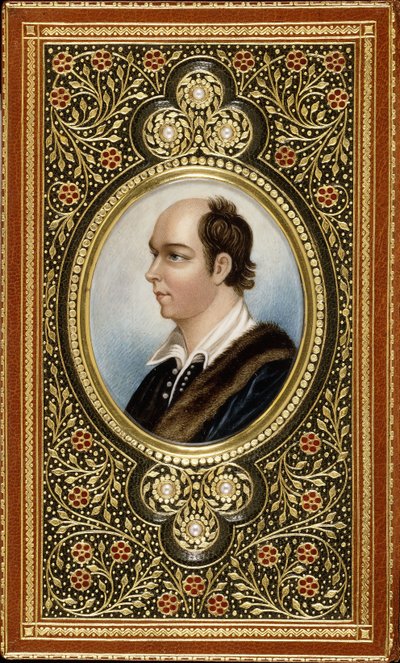 Ovale miniatuurportret van Oliver Goldsmith, omlijst met vergulde klaverbladen bezet met drie parels, 1831 door Italian School
