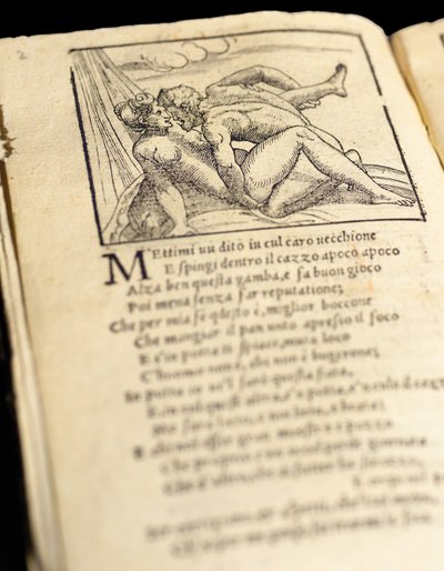 Pagina uit "Sonetti Lussuriosi" door Pietro Aretino, geïllustreerd door Giulio Romano en gegraveerd door Marcantonio Raimondi, gepubliceerd Venetië, c.1527 door Italian School