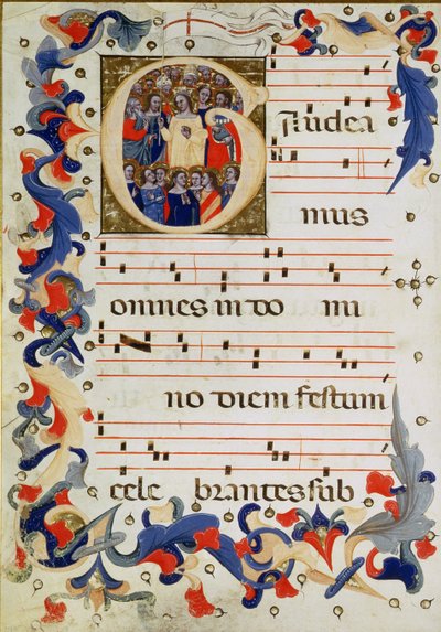 Pagina met muzikale notatie en een geïllustreerde initiaal G met een groep heiligen en St. Ursula in het midden door Italian School