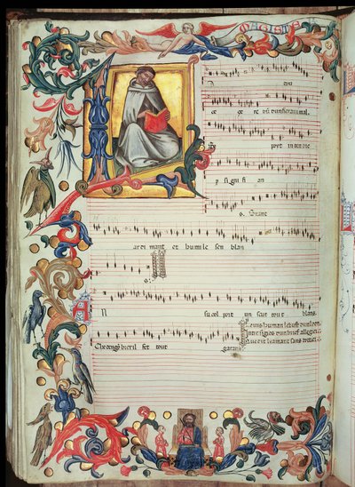 Pagina met muzikale notatie en een gehistorieerde initiaal, uit het Squarcialupi Codex, geproduceerd in het Florentijnse klooster van S. Maria degli Angeli door Italian School