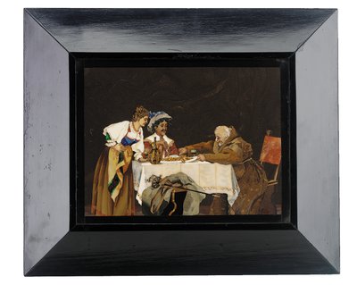 Paneel met een ridder en een monnik aan een eettafel met een dame aanwezig, Menegatti, Florence, eind 19e eeuw door Italian School