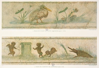Pelikanen, waterplanten en pygmeeën die vluchten voor een krokodil, naar de originele fresco
