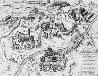 Pelgrims die de Zeven Kerken van Rome bezoeken tijdens Heilig Jaar van 1575 door Italian School