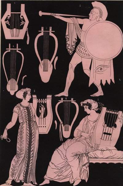 Pijpen, lieren en andere muziekinstrumenten in het oude Griekenland - Oud-Grieks muziekinstrument - gravure uit "Usi e Costumi di Tutti i Popoli dell