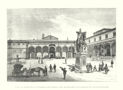 Plein en kerk van de Santissima Annunziata, met de portiek van het weeshuis (gravure) door Italian School