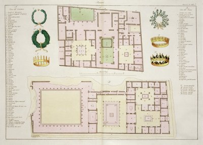Plattegronden van het Huis van de Questor en het Huis van de Faun, Pompeii, plaat 25A, klasse 5 uit Deel I van De Geschiedenis van de Naties door Italian School