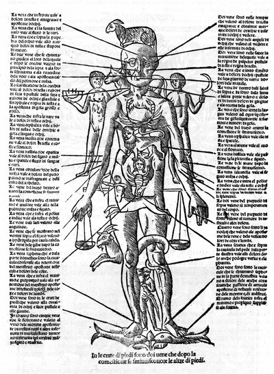 Plaat die een menselijk lichaam voorstelt met de positie van alle organen en de bijbehorende astrologische tekens. Plage getekend uit 