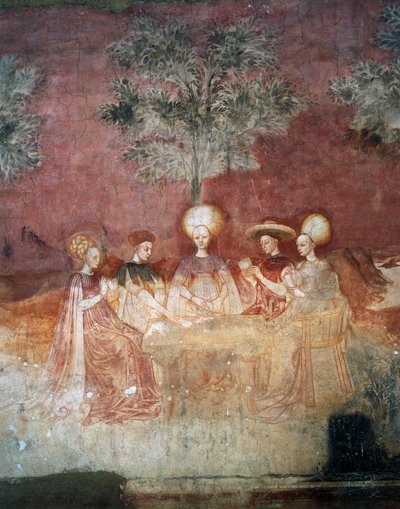 Spelen met tarotkaarten, scène uit de Spelencyclus, ca. 1445-1450, fresco, Palazzo Borromeo, Milaan, Lombardije, Italië door Italian School