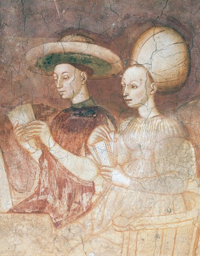 Spelen met tarotkaarten, scène uit de Spelencyclus, ca 1445-1450, fresco, Palazzo Borromeo, Milaan, Lombardije, Detail door Italian School