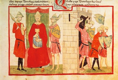 Paus Bonifatius VIII in Anagni en de verdrijving van Sciarra Colonna (Giacomo Colonna) uit de stad, miniatuur uit de Kroniek van Giovanni Villani, manuscript Chigi L VIII 296 folio 176 recto, Italië 14e eeuw door Italian School