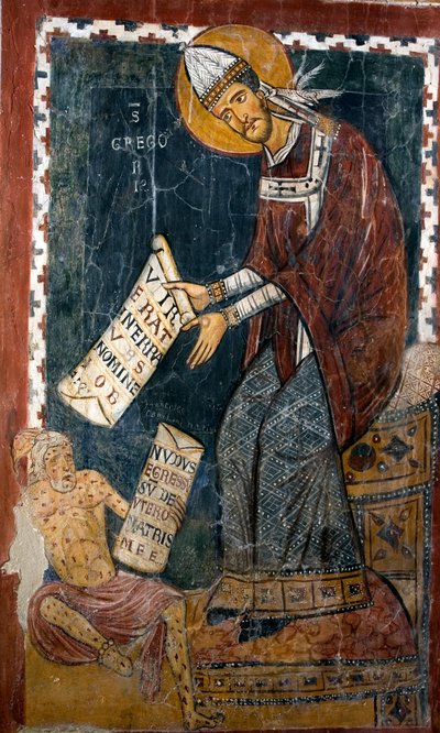 Paus Gregorius I de Grote (540-604) en Job. Sint Gregorius houdt een papier vast waarop in het Latijn staat geschreven: 